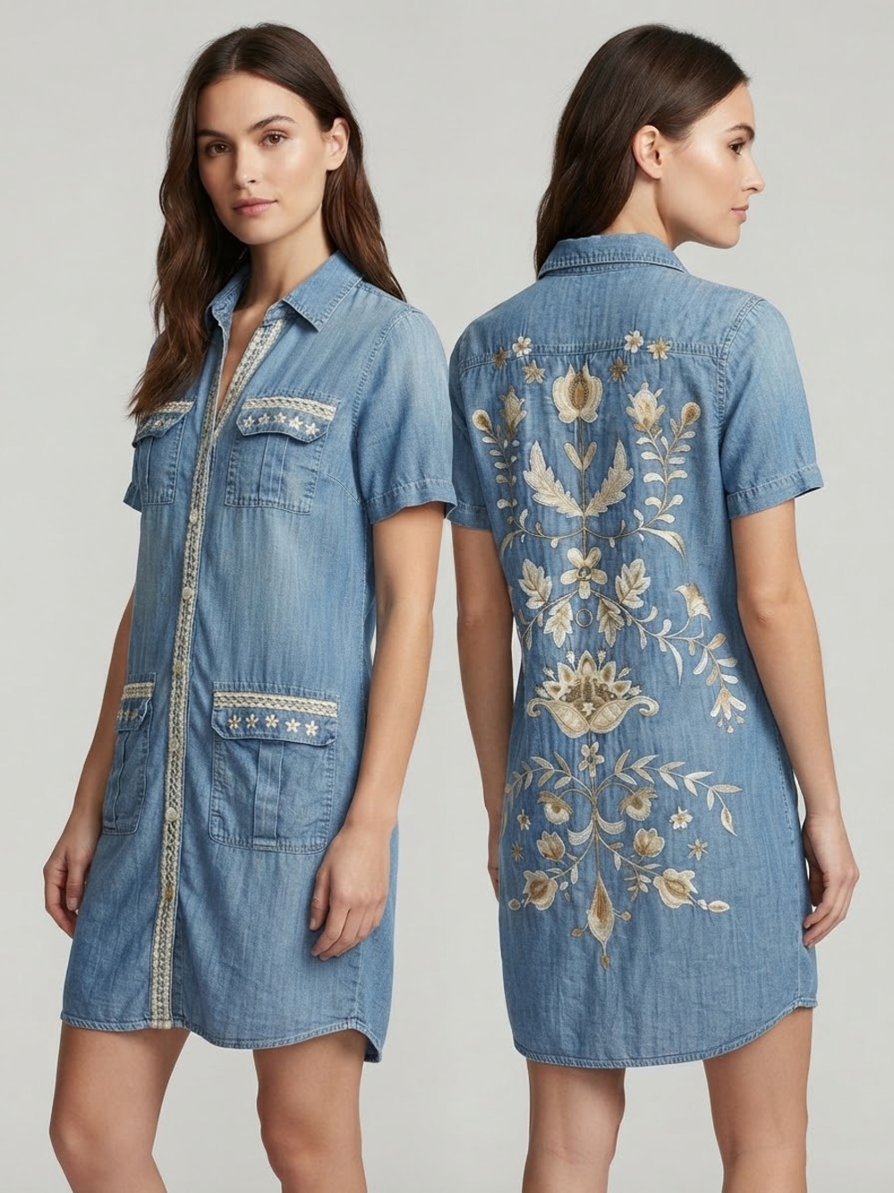 Kyla Seo Light Wash Boho Denim Embroidered Shirt Dress Size XS